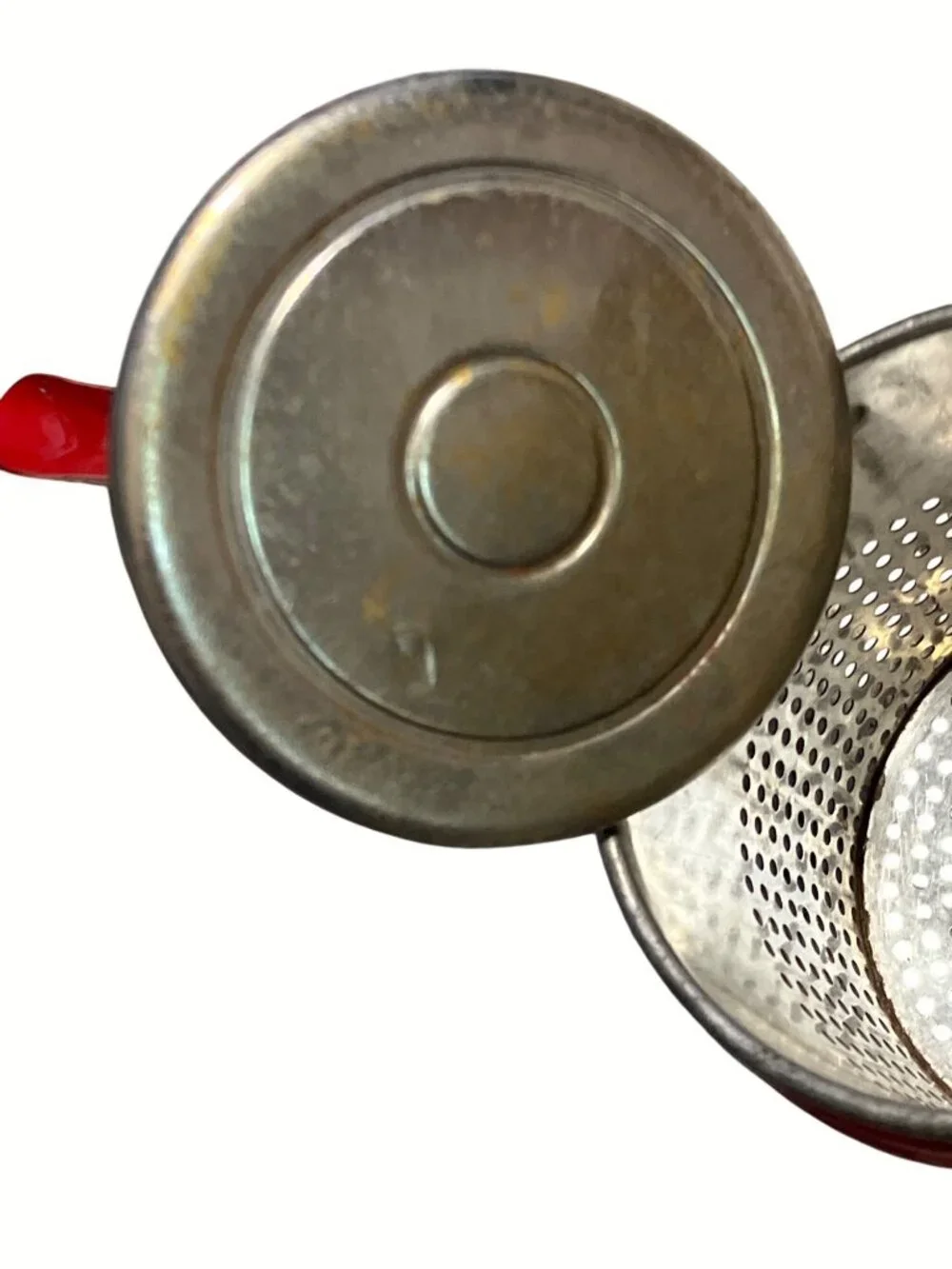 Red Metal Potato Ricer With Perforated Basket And Press Handle Vintage